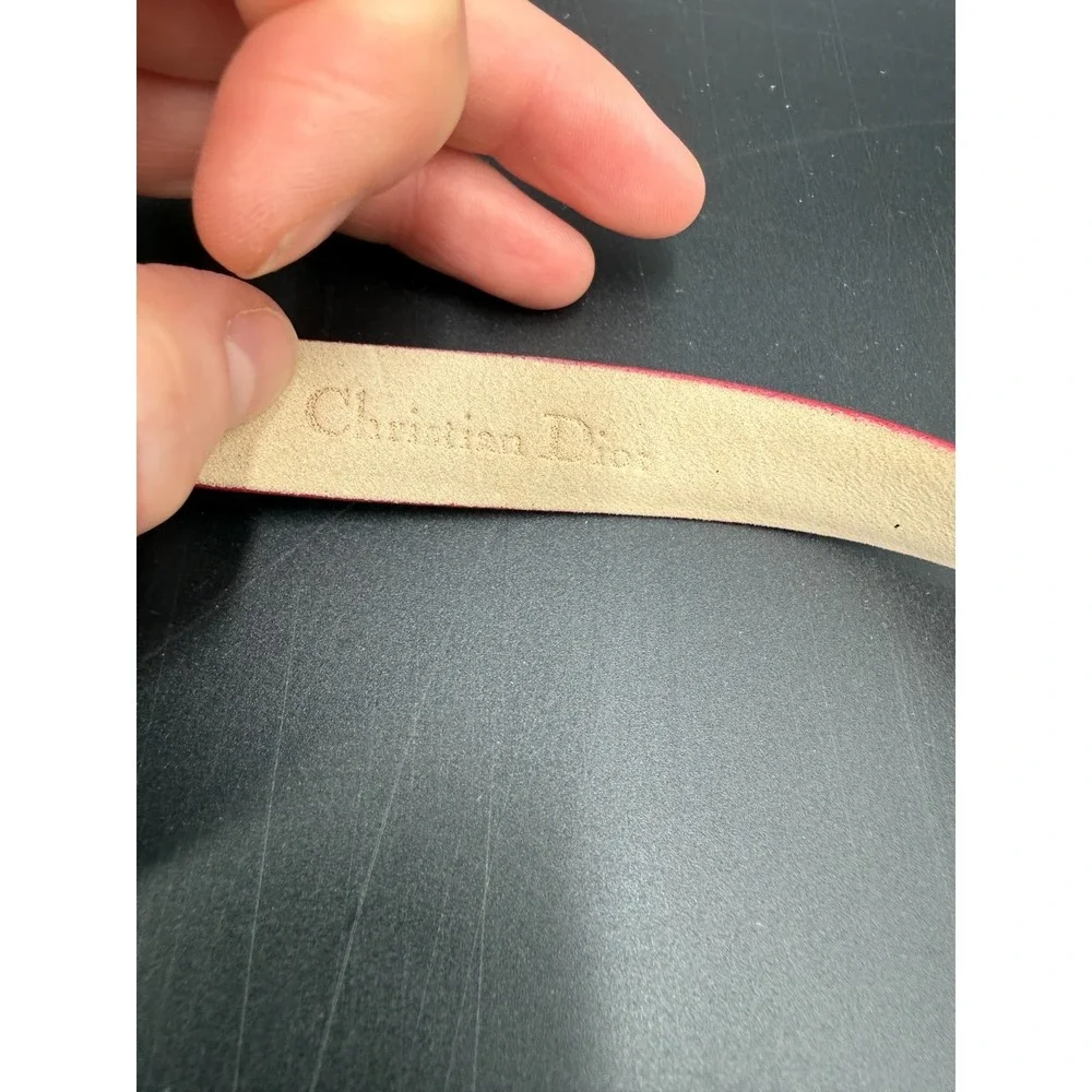 Vintage 80's CHRISTIAN DIOR Red Leather Belt Two-Toned CD Buckle Silver and Gold